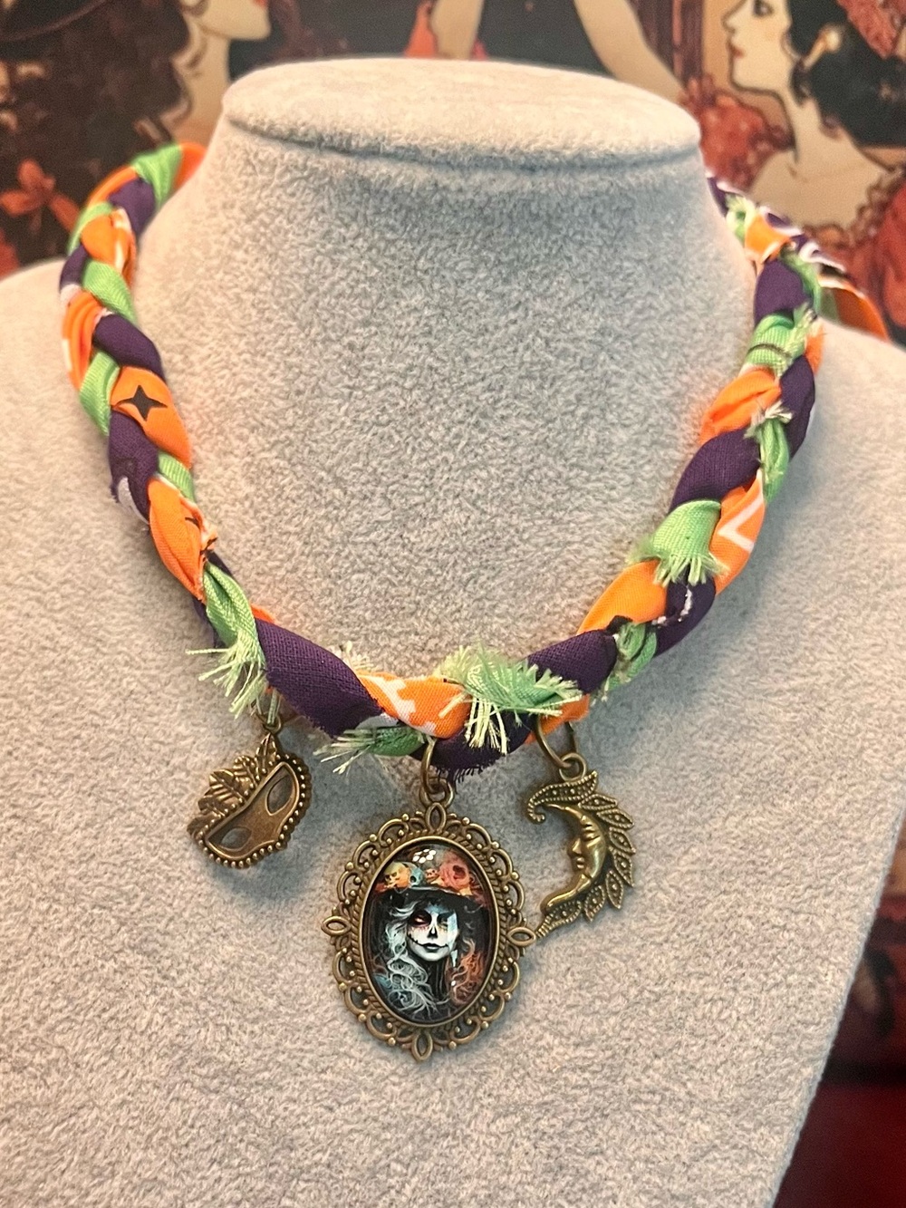 Hand-Braided Halloween Sugar Skull Charm Necklace in Purple, Orange & Green